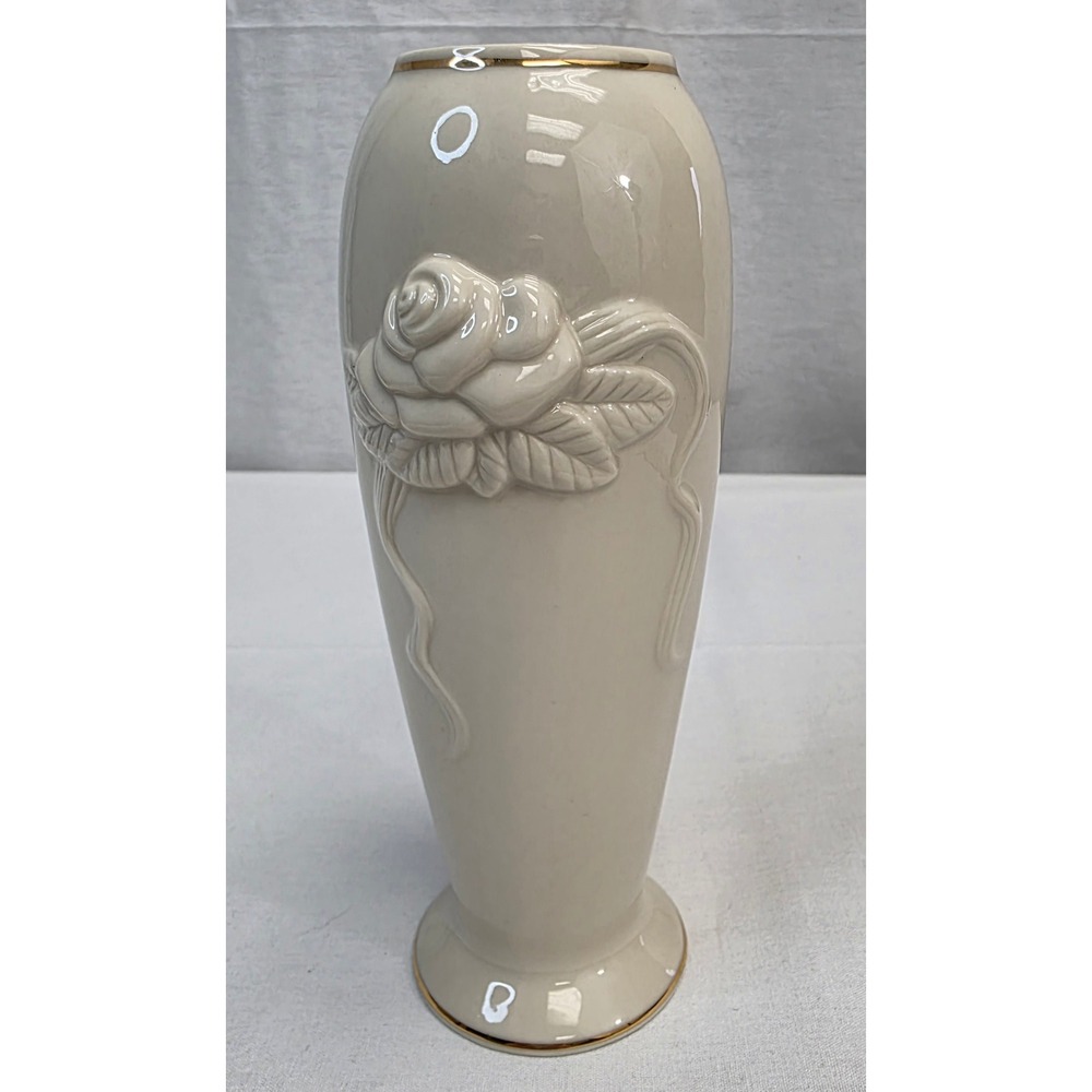 Lenox Ivory China Rose Embossed Vase Gold Trim Handcrafted 7.5 Inch Floral Decor